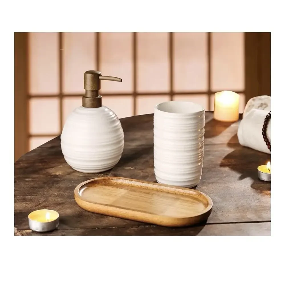 3-Piece Ceramic Bathroom Set with Acacia Wood Tray Bathroom Organizer, Black‎